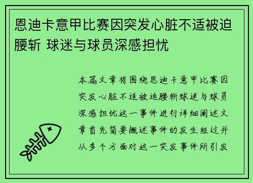恩迪卡意甲比赛因突发心脏不适被迫腰斩 球迷与球员深感担忧